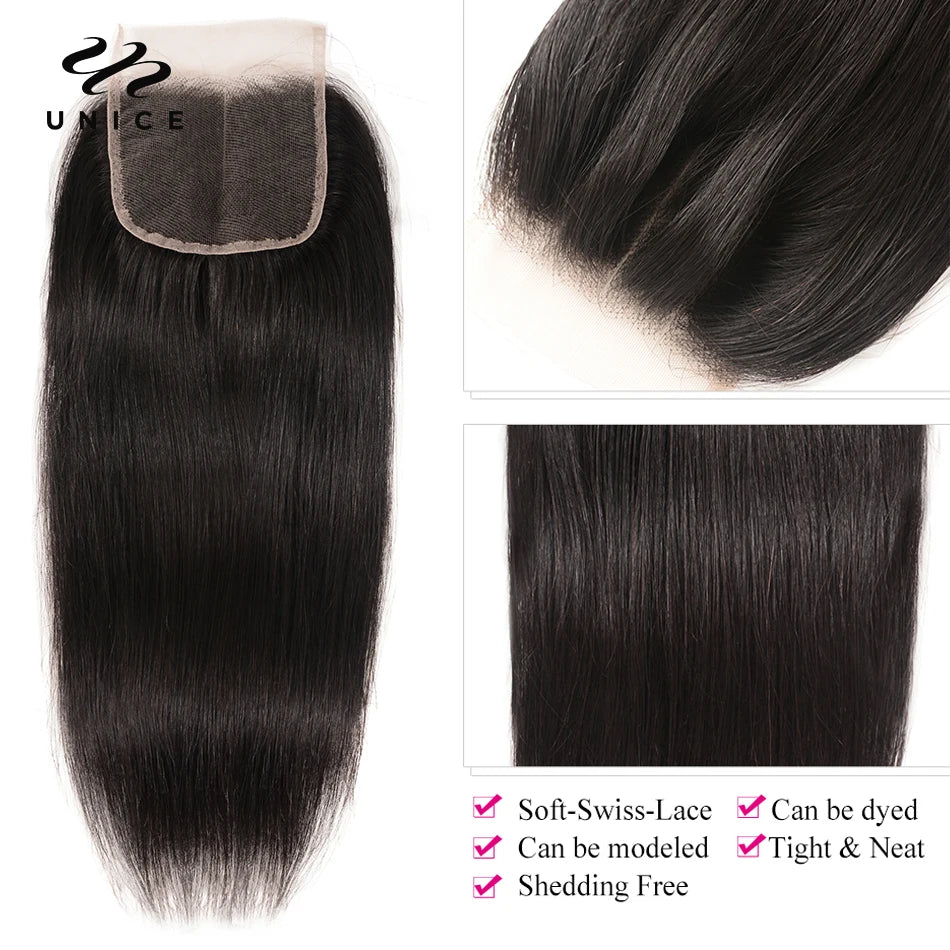 UNice Hair Peruvian Straight Hair Lace Closure Free& Middle Part 4x4 Remy Human Hair Closure  5x5 HD Lace Closure 1PC
