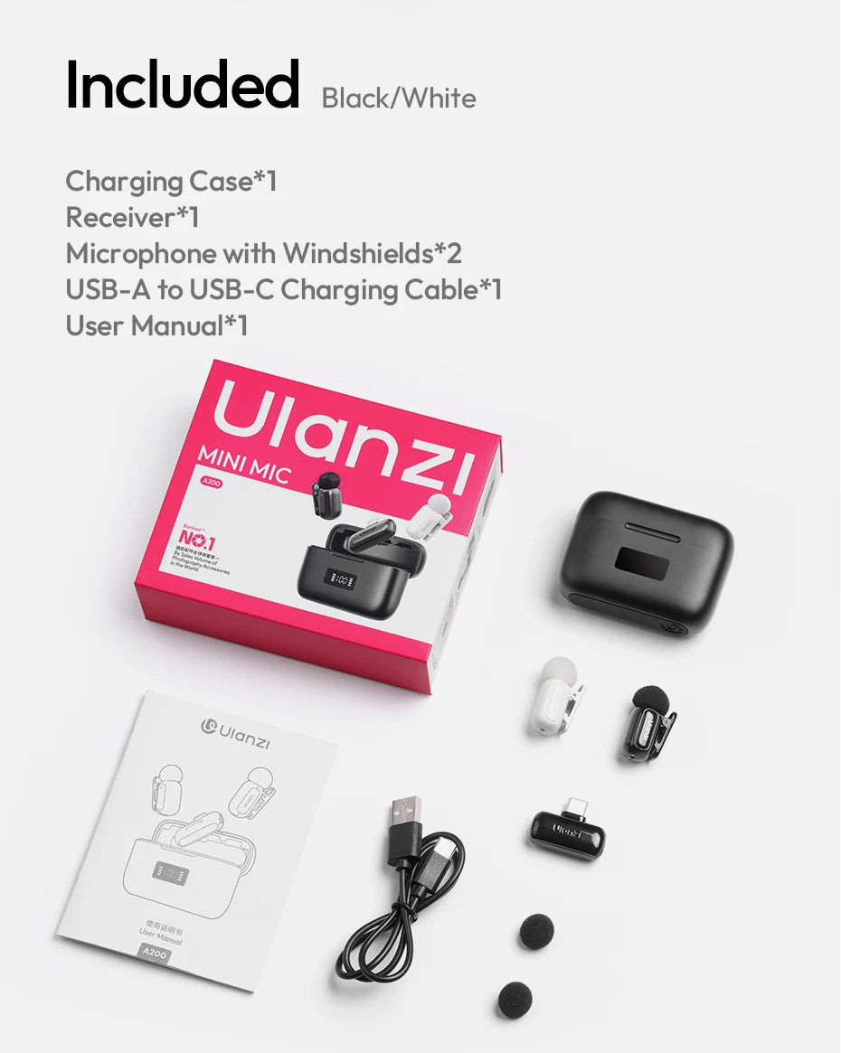 Ulanzi A200 Mini Mic 48kHz/24bit 100m SNR 75dB for Smartphone Camera Livestreaming Street Interview Vlogging Wedding Videography
