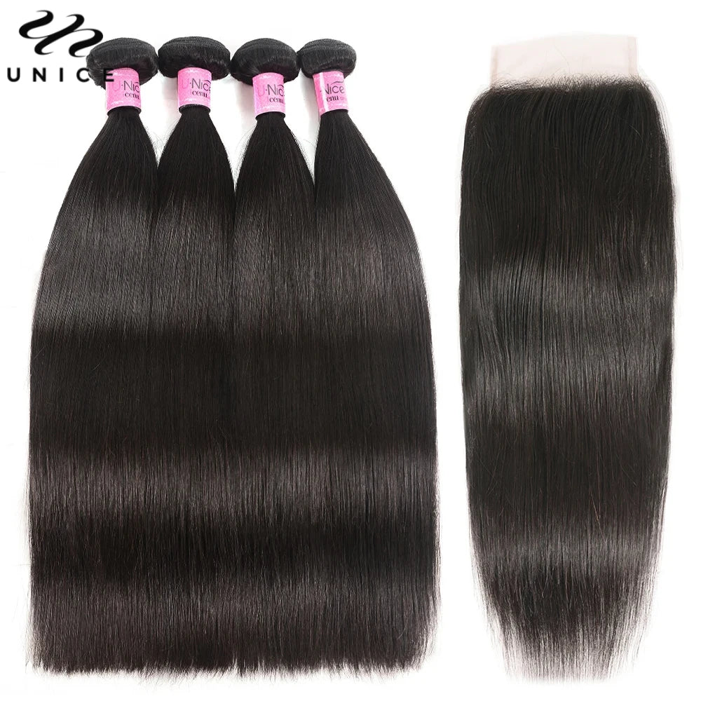 Unice Hair Straight Human Hair Bundles With Closure Natural Color 100% Human Hair 4x4 Lace Closure With 3/4 PCS Deals