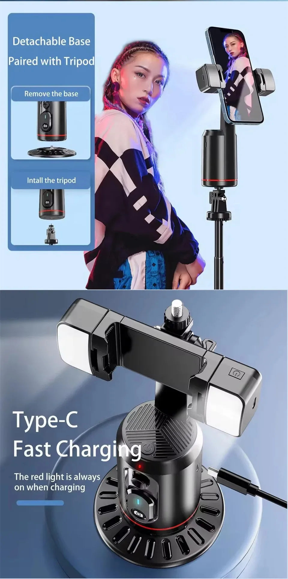 FANGTUOSI 360° Rotation Gimbal Stabilizer tripod Selfie Stick Desktop Face Tracking With Bluetooth Remote Shutter Light Holder