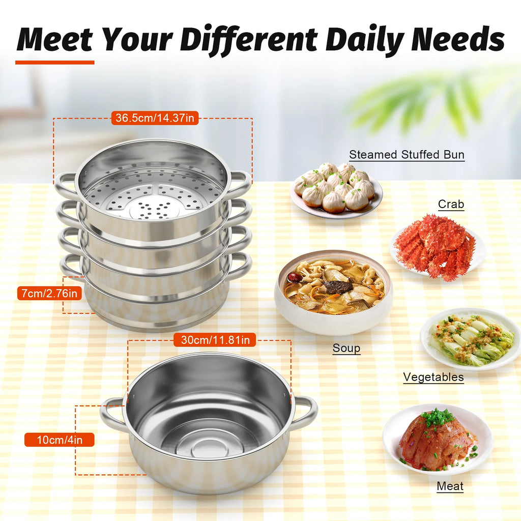 5 Tier  26/28/30/32cm Steame Cooker Steamer Pan Cook Food Veg Pot Stainless Steel Silver w/Glass Lid