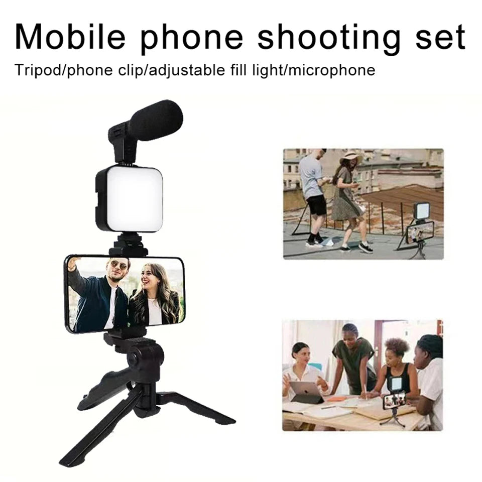 Smartphone Vlogging Kit With Tripod Phone Holder Mini Microphone LED Fill Light Starter For Live Stream Video YouTube
