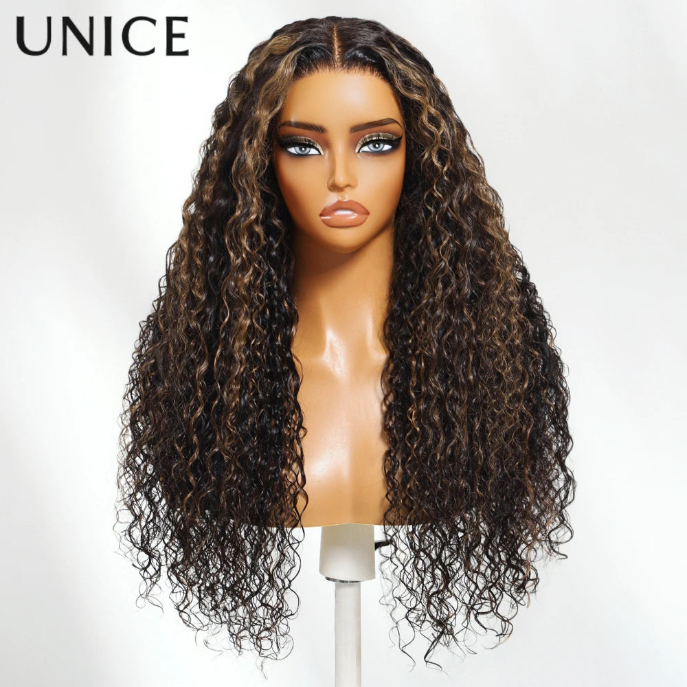 UNICE Hair Golden Brown Highlights Water Curly Wig 13x4 Pre Plucked Pre Cut Pre Bleached Glueless Wig Human Hair 150% Density