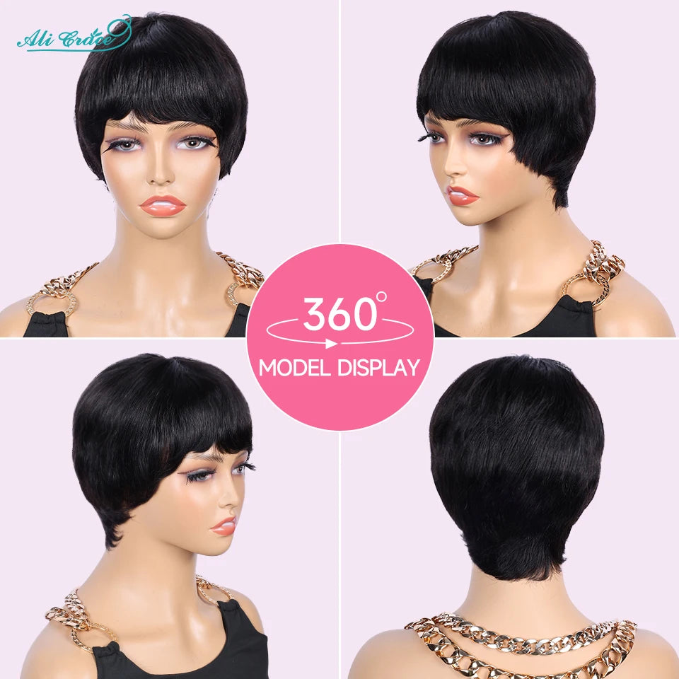 Short Bob Pixie Cut Wigs For Black Women Straight Human Hair Machine Made Wigs With Bangs Brazilian Remy Hair Wig Ready To Go