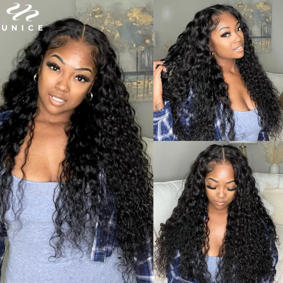 UNICE Upgrade Drawstring Water Wave 7x5 Glueless Wig Pre Cut Pre Bleached Lace Front Human Hair Wig Ready To Wear 180% Density
