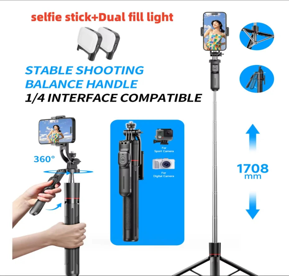 FANGTUOSI New 1.7M Wireless Selfie Stick Tripod Foldable Stand For Gopro Action Cameras Smartphones Balance Steady Shooting Live
