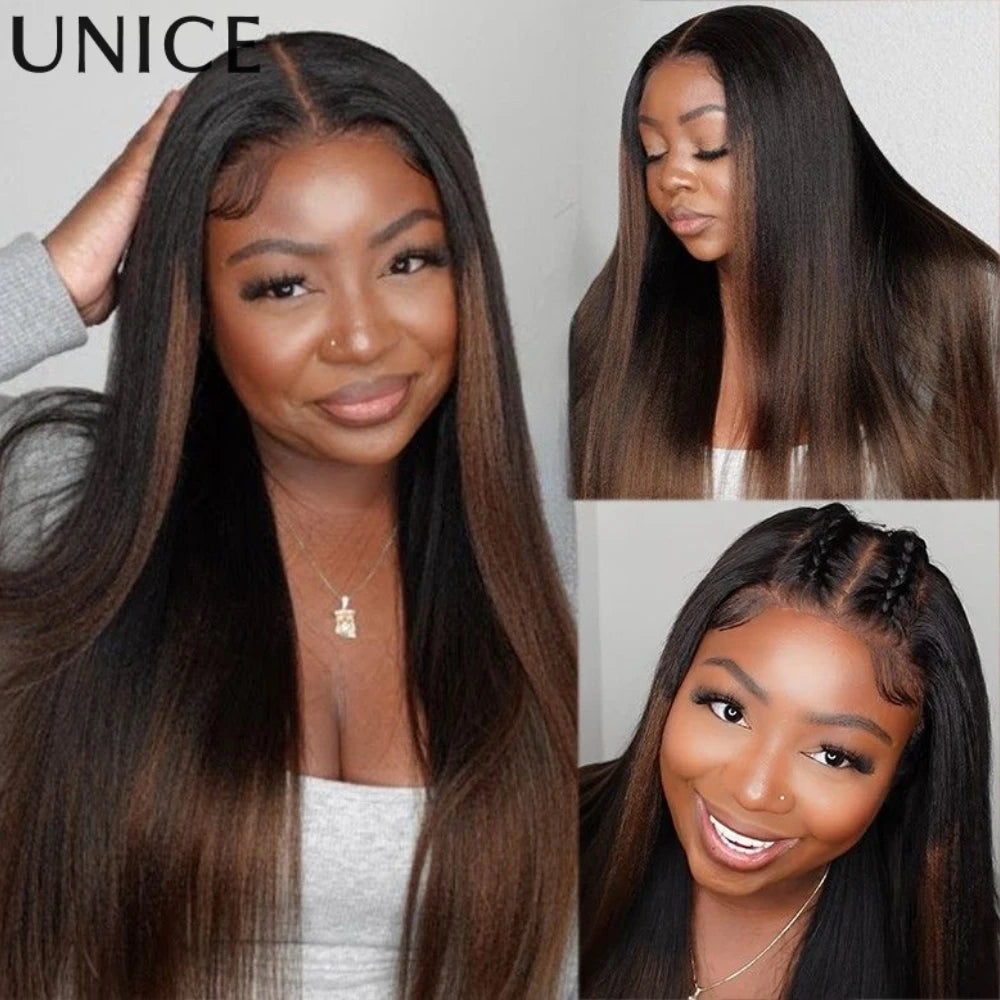 UNice Hair Drawstring Yaki Straight Wig Chestnut Brown Ombre 7x5 Lace Front Human Hair Wigs Pre Cut Pre Bleached Glueless Wig
