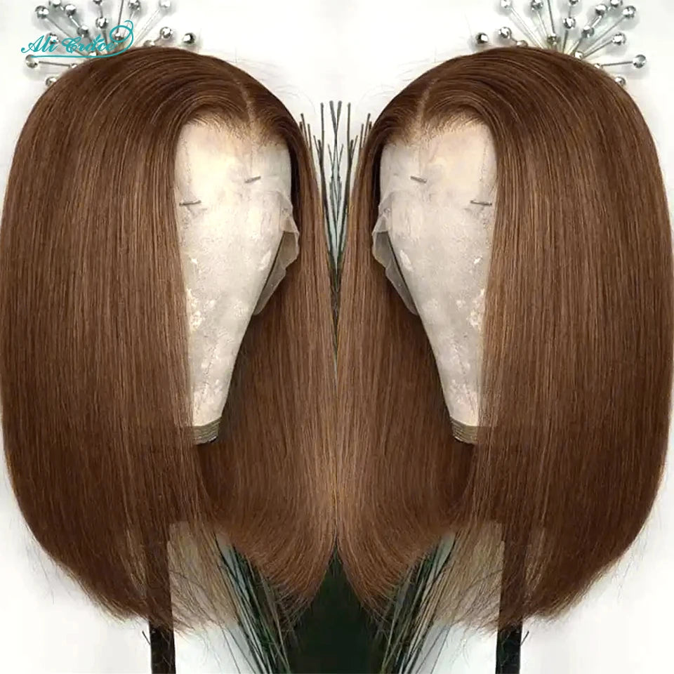 Ali Grace Hair Bone Straight Bob Wig Chocolate Brown Lace Front Human Hair Wigs PrePlucked Short Bob Wig HD Transparent Lace Wig