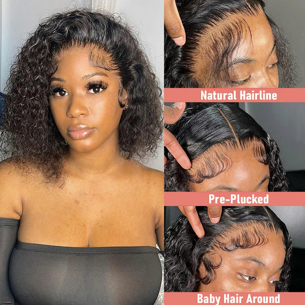 250 Density Water Curly Short Bob Wig Glueless Human Hair Brazilian Deep Wave 13x4 13x6 HD Lace Frontal Human Hair Wig For Women