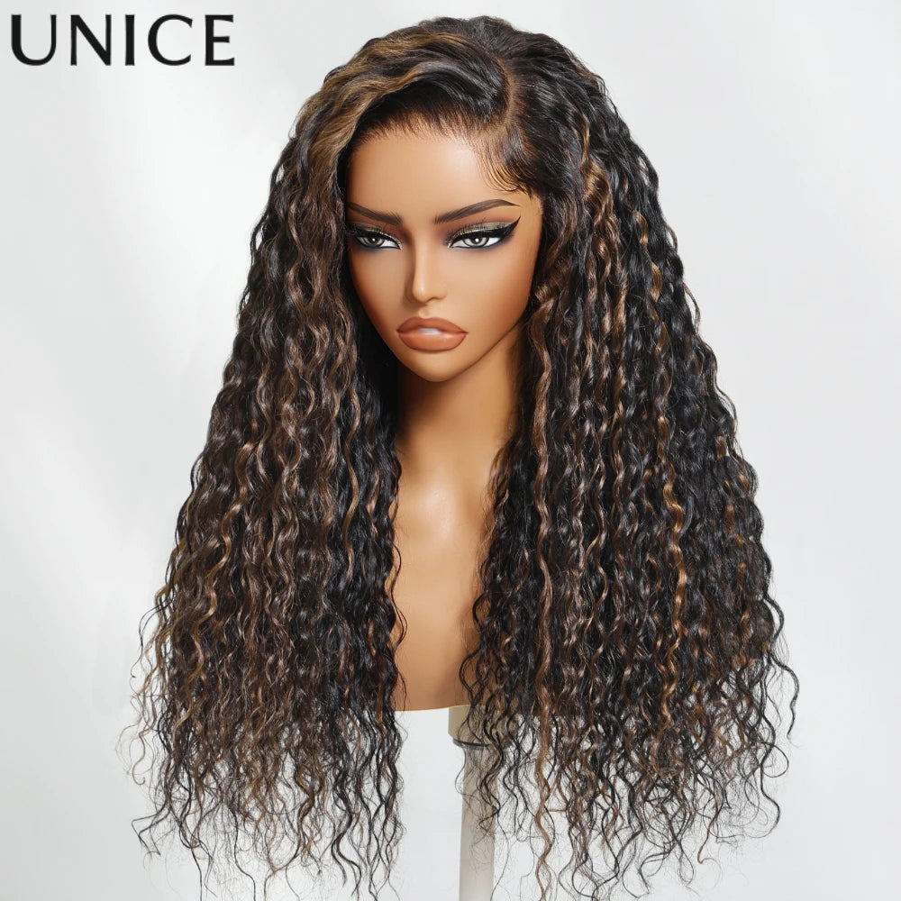 Unice Hair Water Wave Wig With Golden Brown Highlights 7x5 Pre Cut Pre Bleached Glueless Human Hair Lace Front Wig 150% Density