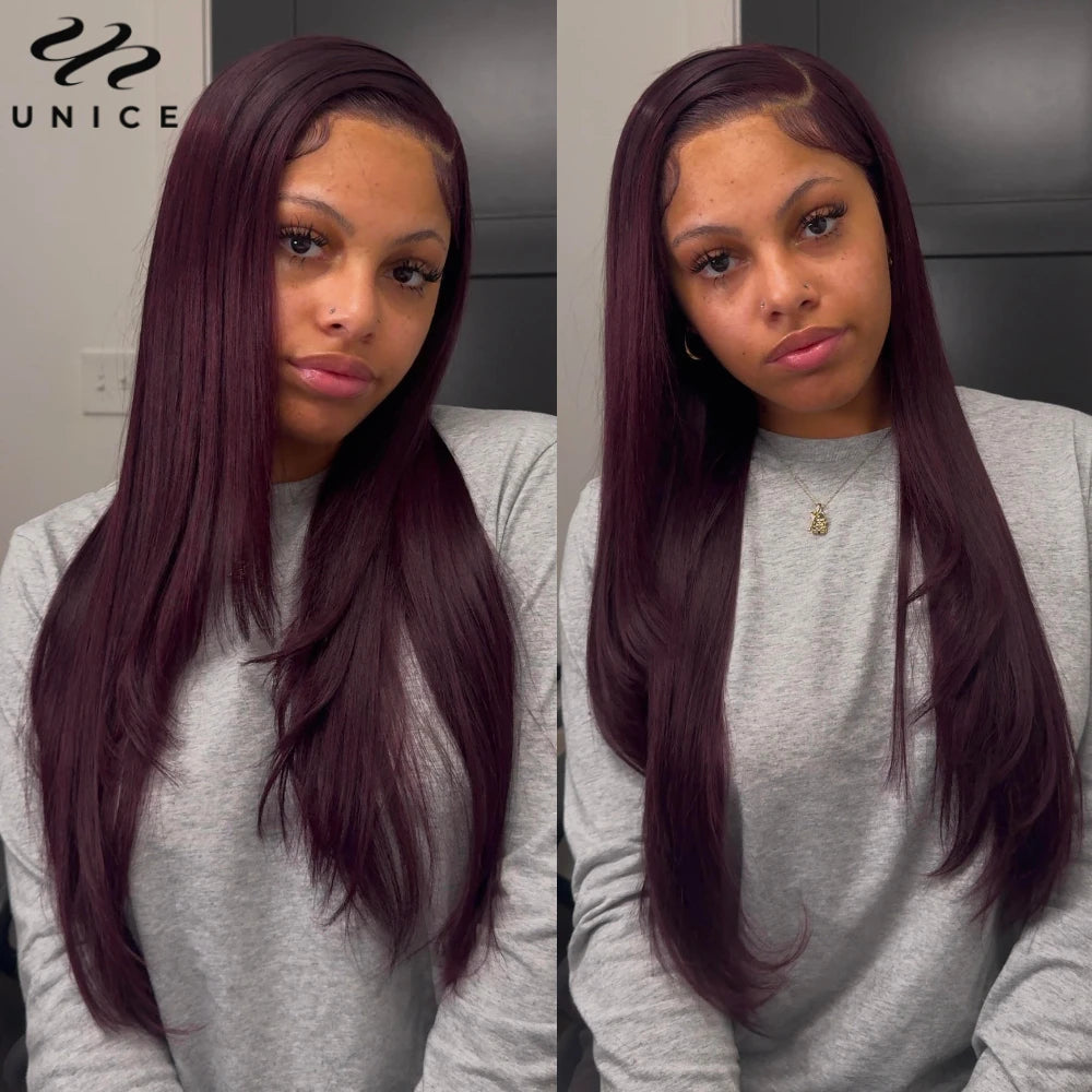 UNICE Hair 13x4 Pre-Everything Lace Frontal Wig Black Cherry Layered Straight Wig Pre Cut Pre Bleached Human Hair Lace Front Wig