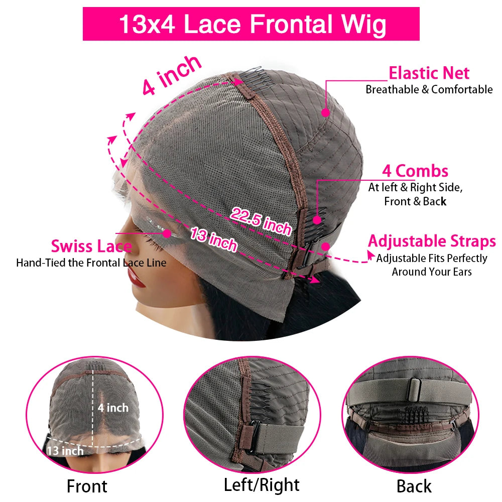 Natural Black Bone Straight 12 14 Inch Human Hair Wig 13x4 Short Bob Transparent Lace Front Wig 220% Density Wigs For Women