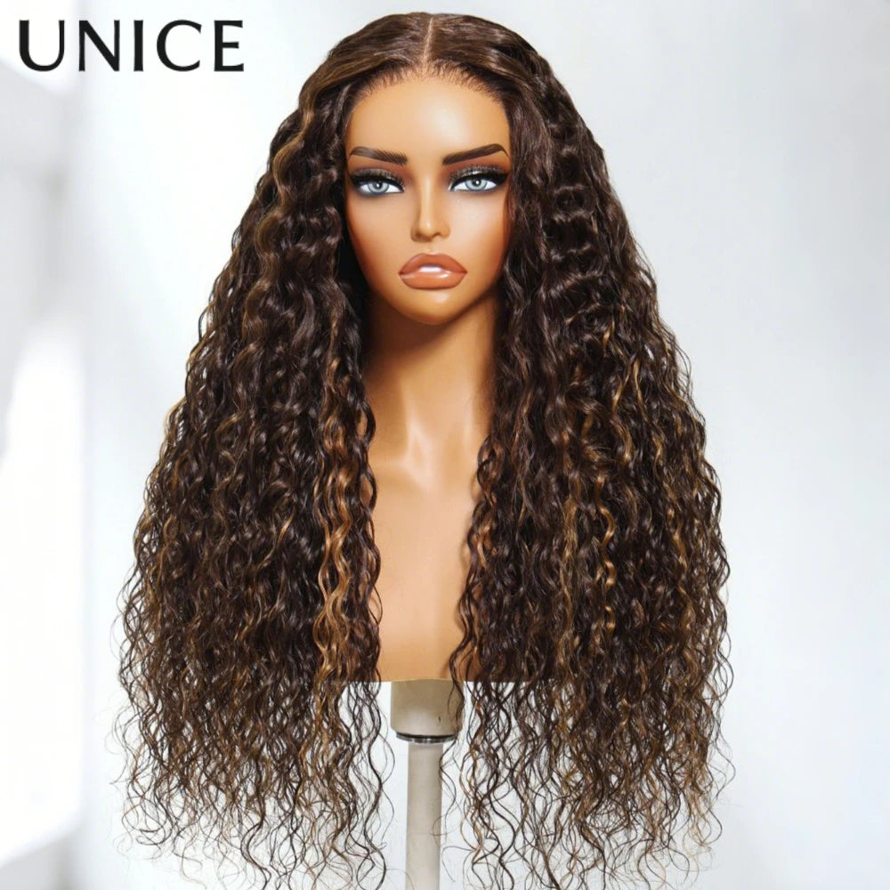 UNice Hair Coffee Brown Water Wave Wig With Auburn Highlights 7x5 Lace Pre Cut Pre Bleached Glueless Wig Human Hair 150% Density