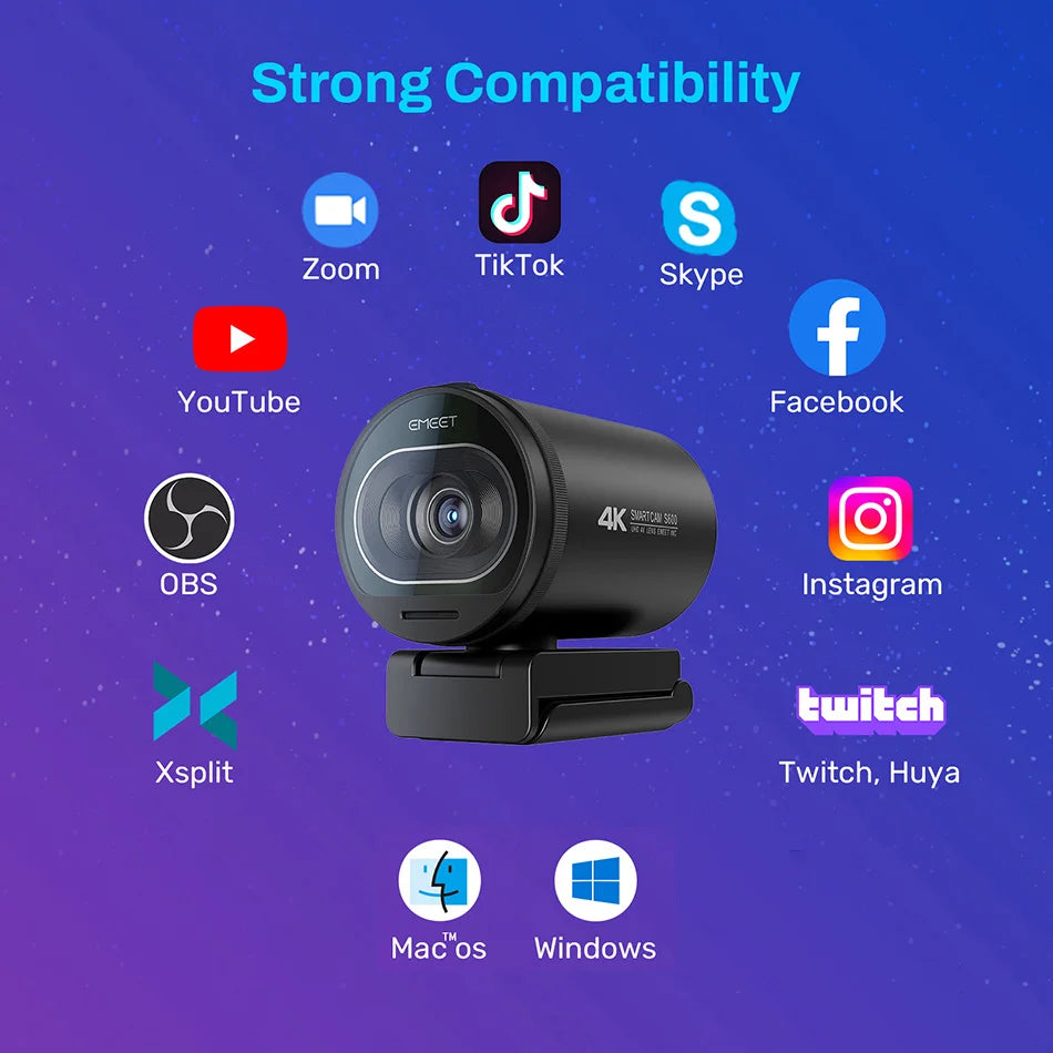 Webcam 4K HD USB Web Camera 1080P 60FPS Fast Autofocus Streaming Camera EMEET S600 With Mics for Video Calling/Zoom/Skype/Teams