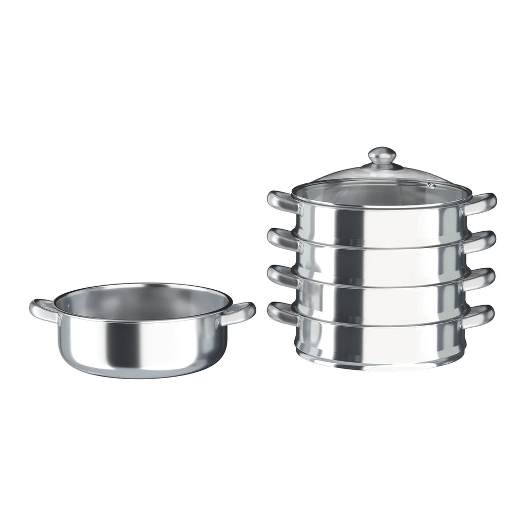 5 Tier  26/28/30/32cm Steame Cooker Steamer Pan Cook Food Veg Pot Stainless Steel Silver w/Glass Lid