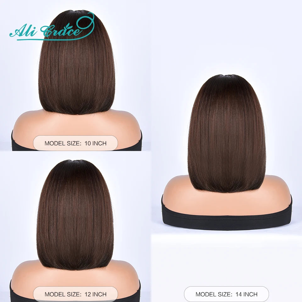 Ali Grace Short Bob Wig With Bang #2 Color Bone Straight Human Hair Wigs For Women Full Machine Made Fringe Wigs Wig Dark Brown
