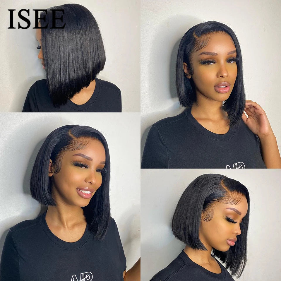 ISEE Hair Wear Go Glueless Bob Wig Straight Lace Front Human Hair Wigs 6X4 HD Transparent Pre Cut PrePlucked Wig Ready To Wear