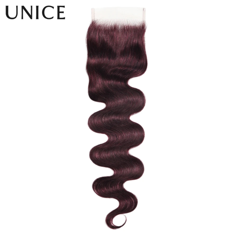 UNICE Hair Black Cherry Body Wave Human Hair 2/3/4 Bundles With 4x4 Lace Closure