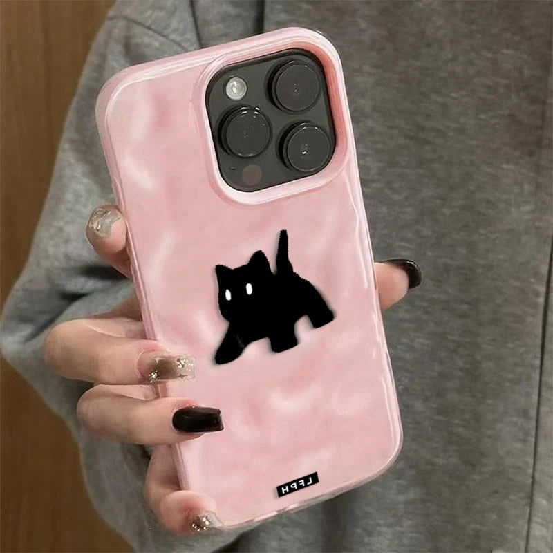 Cute Black Fuzzy Cat Shockproof Phone Case For iPhone 17Air 16 15 14 12 13 11 Pro Max Candy Color Wave Pattern Protective Cover