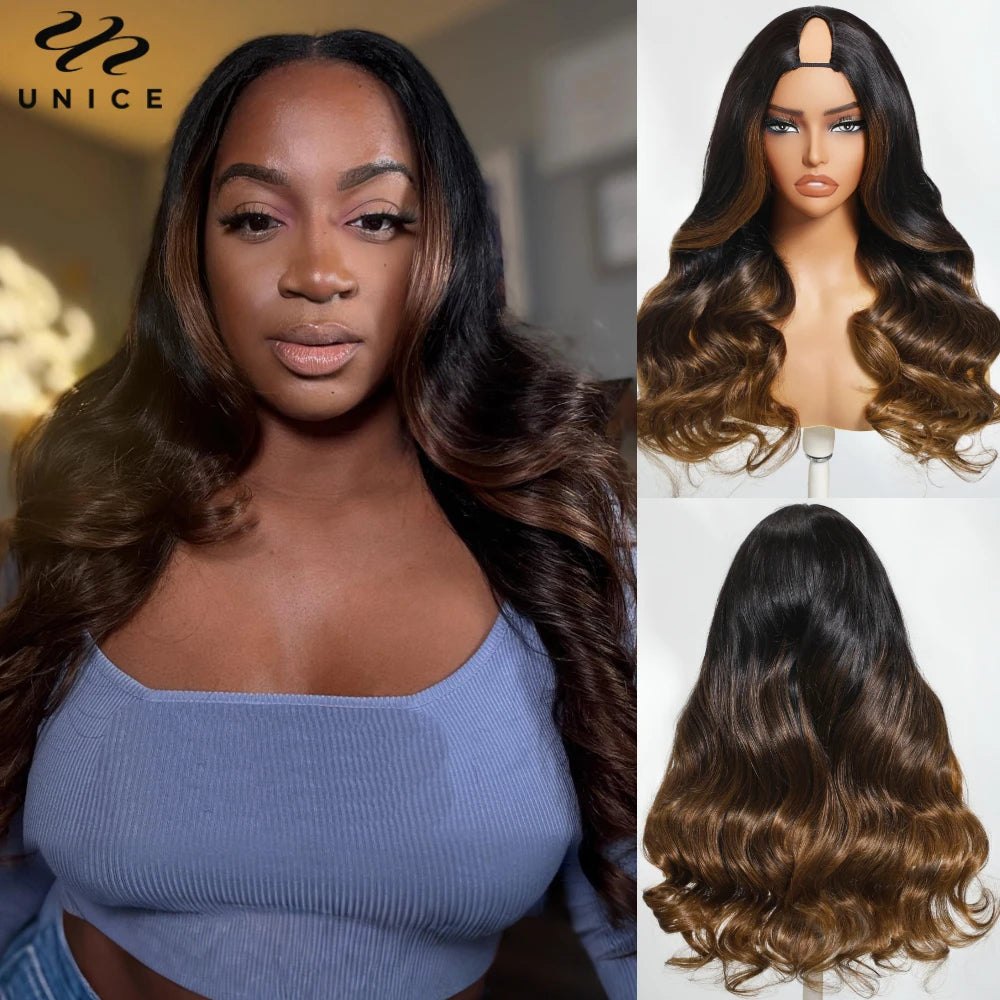 UNICE Hair EasiContour Drawstring V Part Wig Chestnut Brown Ombre Human Hair Body Wave Wig Mini Leave-out VPart Wig 150% Density