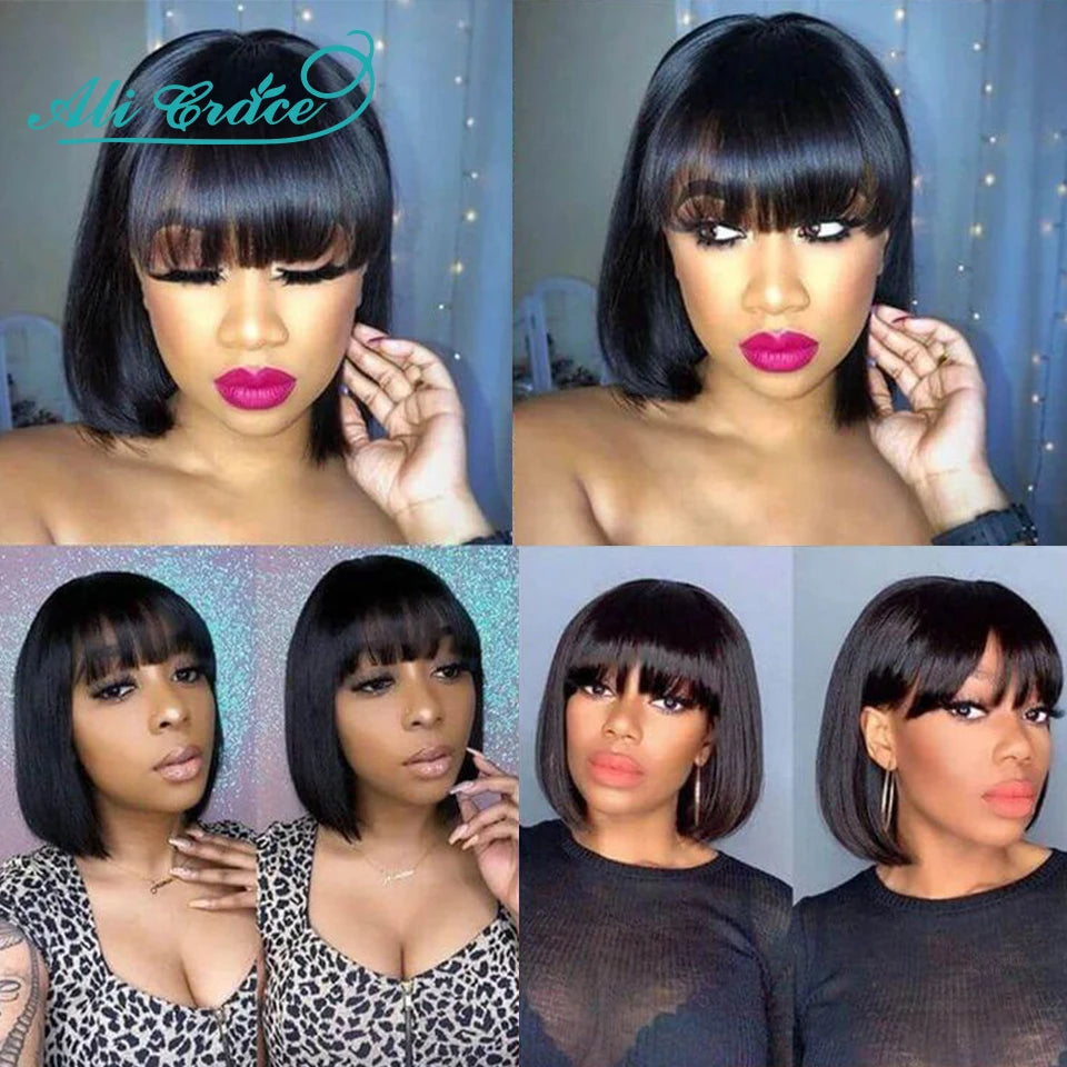 Ali Grace Brazilian Straight Bob Wig With Bangs Machine Made Wig Natural Color Human Hair Wigs Short Bob Fringe Wigs For Women