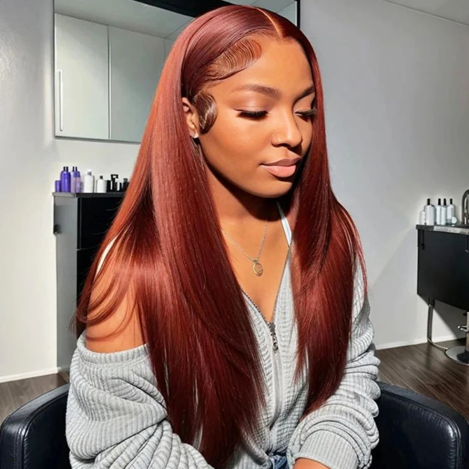 ISEE HAIR Reddish Brown #33 Color Glueless13x6 Straight Lace Frontal Wigs Pre Plucked Wigs Invisi Draw Strings Human Hair Wigs