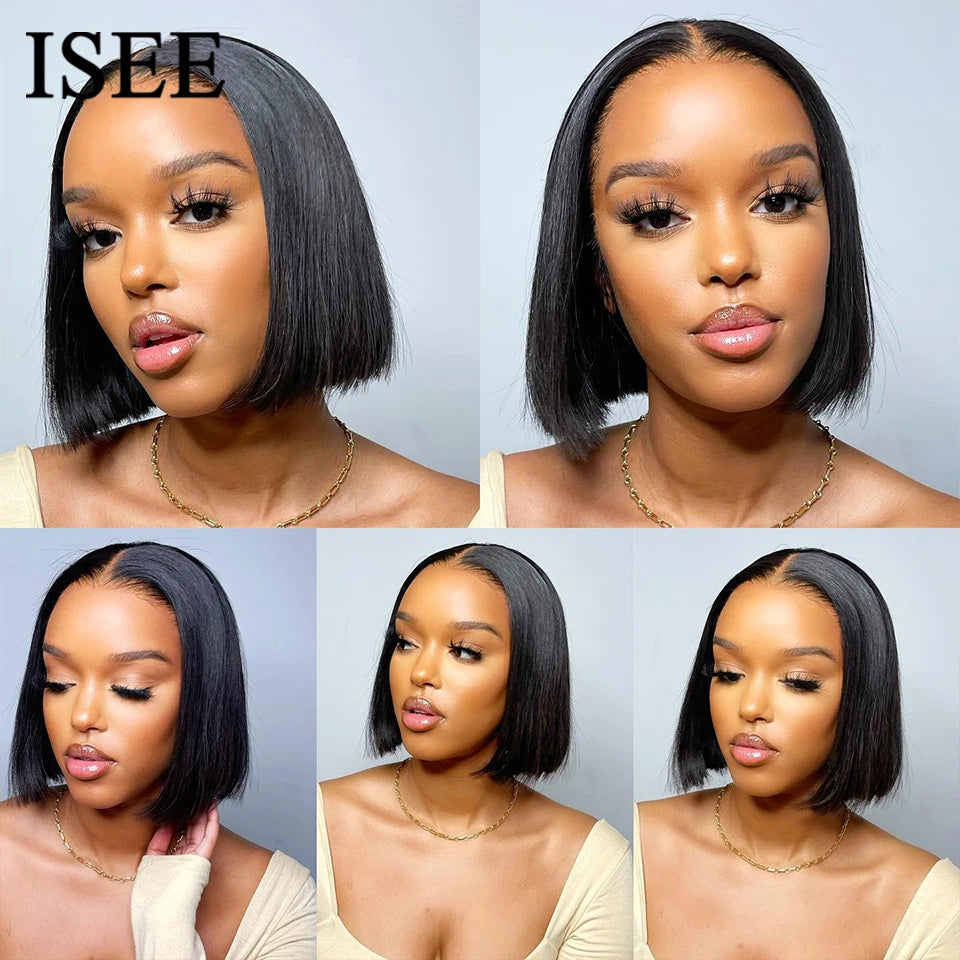 ISEE HAIR Wear And Go Glueless Human Hair Wig Bob HD Lace Straight Short Bob 7x5 Lace Frontal Pre Plucked Human Wigs Ready To Go