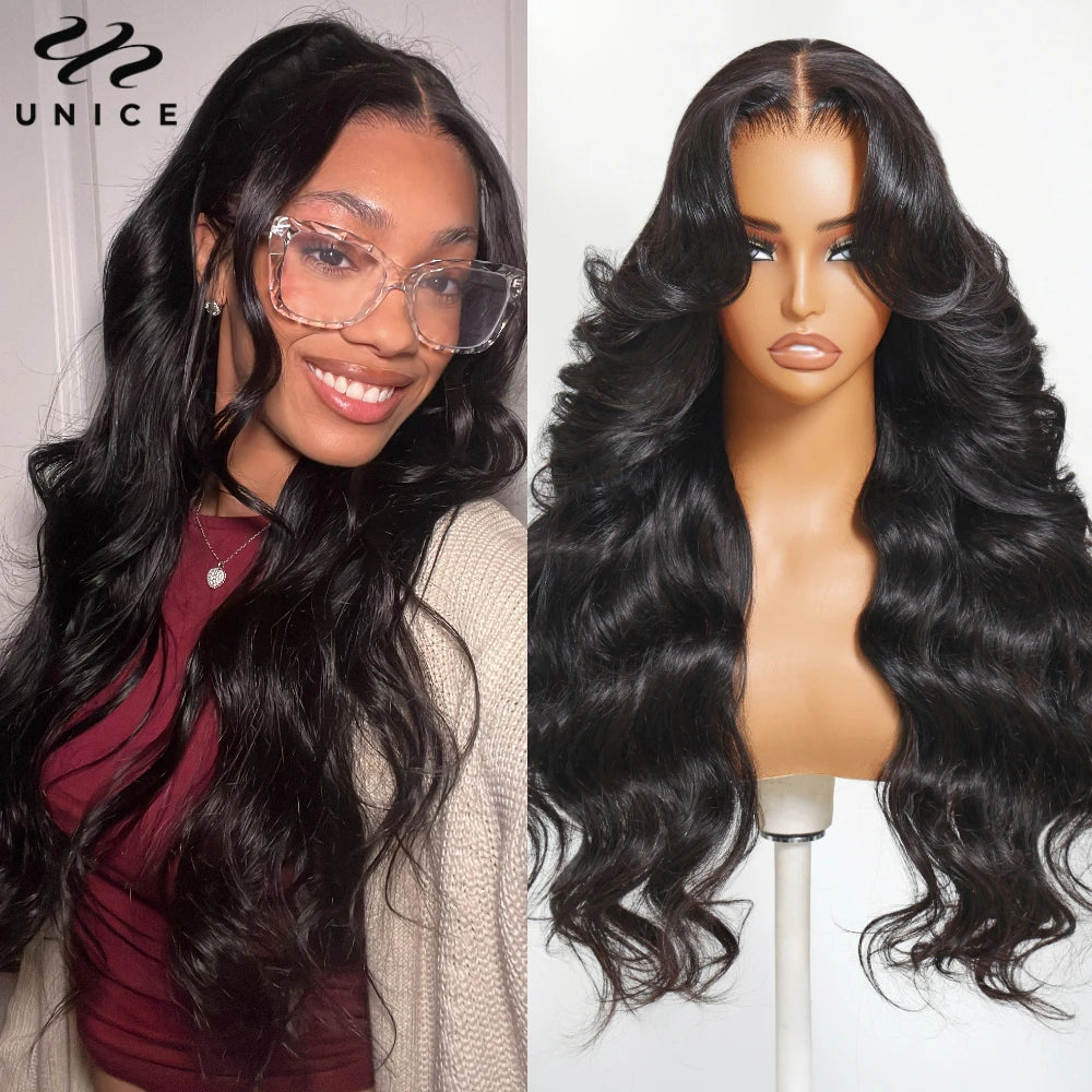 UNICE Hair Real Scalp Wig 13x4 HD Lace Frontal Wig Curtain Bangs Loose Wave Wig Human Hair With Drawstring