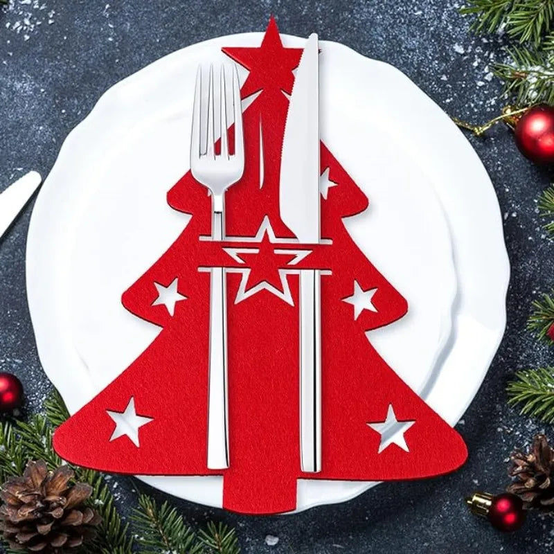 New 10-1PC Christmas Tree Cutlery Knife Fork Covers Table Decor Xmas Tableware Pocket Holder Bag New Year Xmas Party Decor Gifts