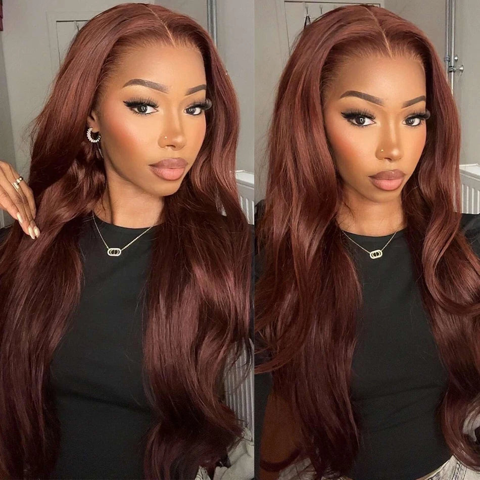 13x4 Auburn Brown Colored Human Hair Lace Front Wigs Wavy HD Lace Frontal Wigs Body Wave Reddish Brown Fall Color Human Hair Wig