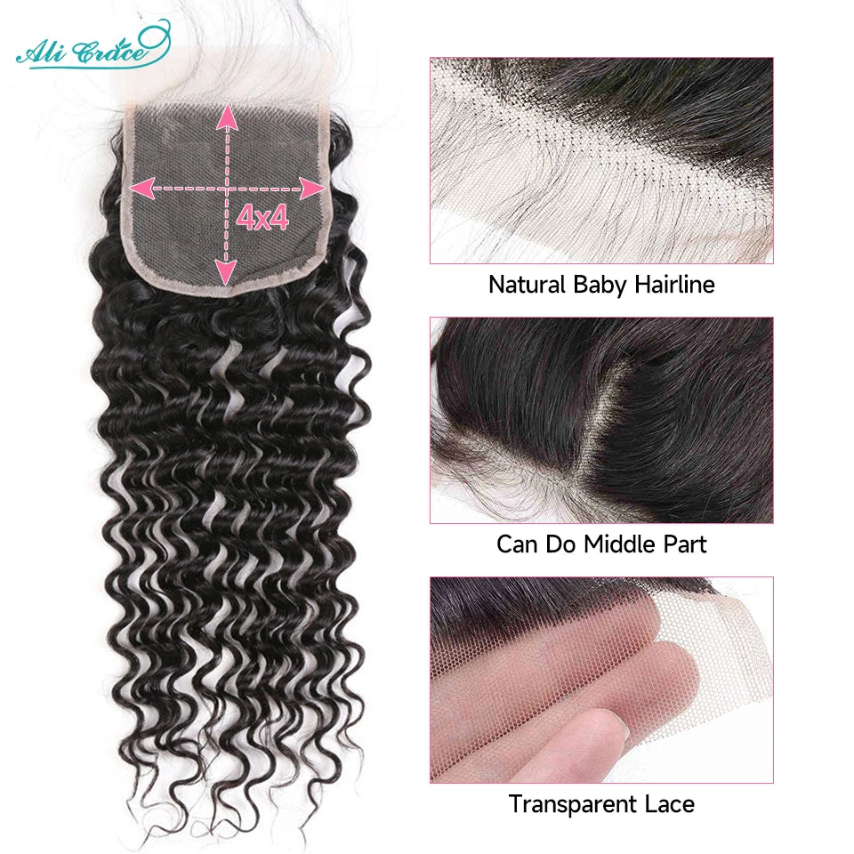 Ali Grace Hair Brazilian Deep Wave With Closure 3 Bundles Deep Wave Hair With Closure 4x4 Lace Closure Remy Hair Extension