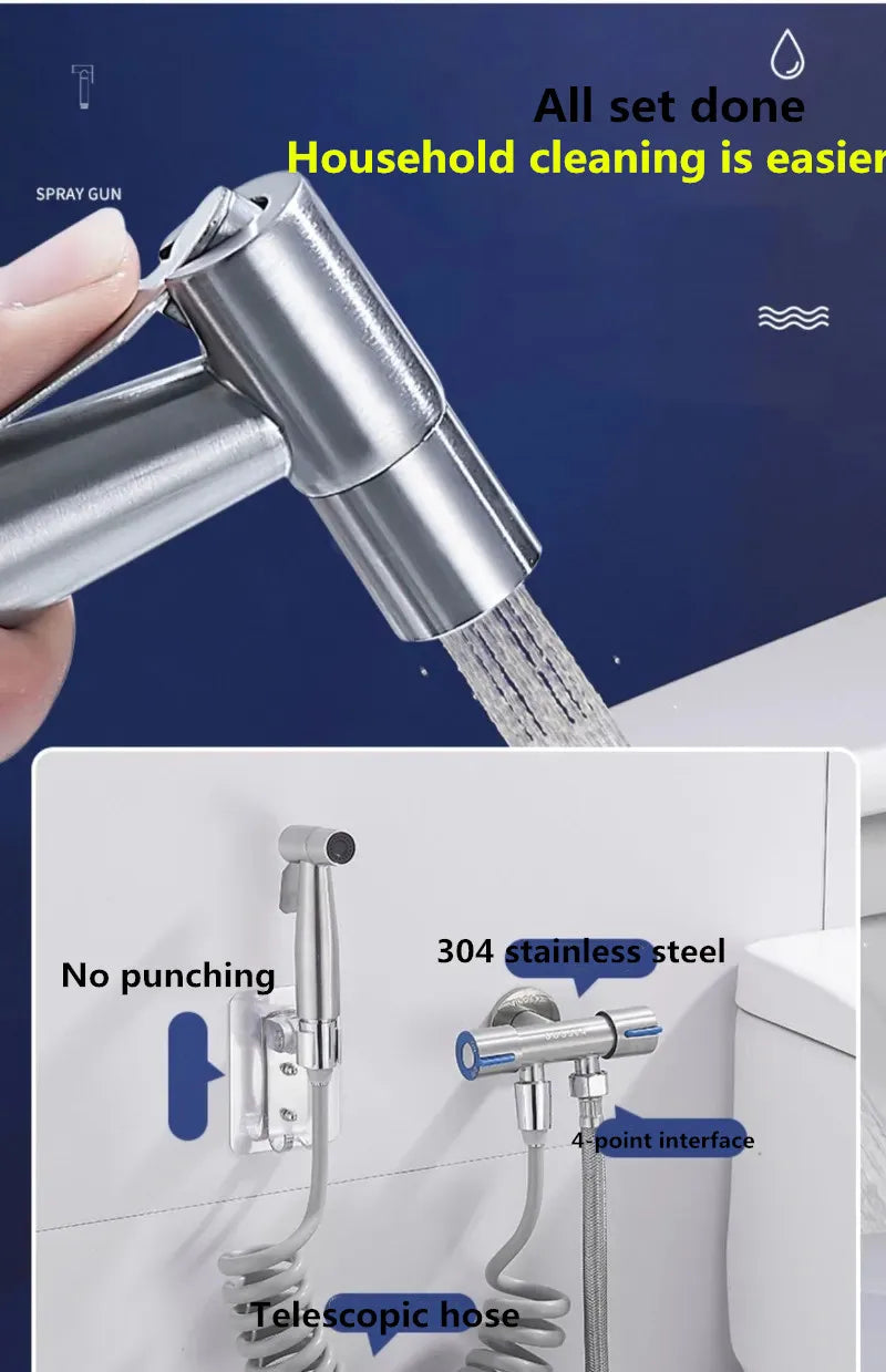 1 Set 304 Stainless Steel Wire Drawing Non-Punching Booster Toilet Spray Gun - Female Washing Device with Small Flower Sprinkler