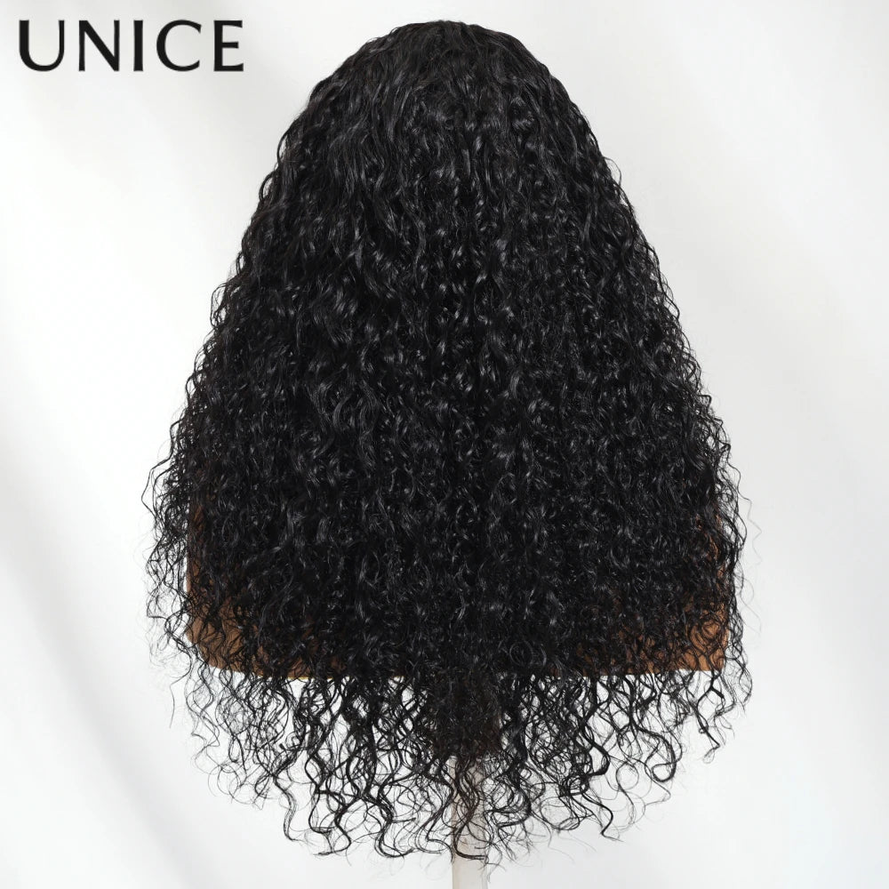 UNice Hair Bouncy Water Wave Curly V Part Wig With Drawstring Seamless Blend Human Hair Clip In Wig 150% Density
