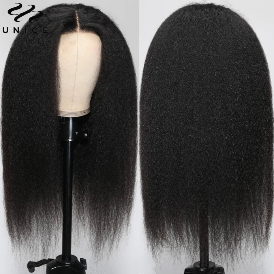 UNice Pre Everything 13x4 Lace Front Kinky Straight Human Hair Wigs Pre Cut Pre Bleached Pre Plucked Lace Frontal Wigs