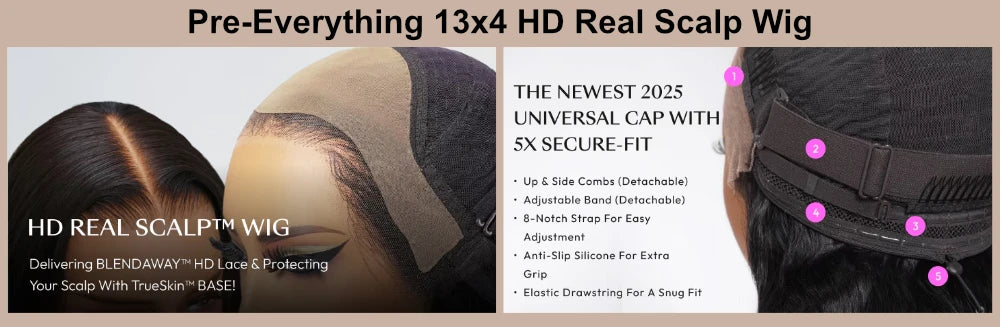 UNICE Hair 13x4 HD Real Scalp Wig Drawstring Cap Loose Wave with Face Framing Curtain Bangs Pre Cut Pre Bleached Glueless Wig