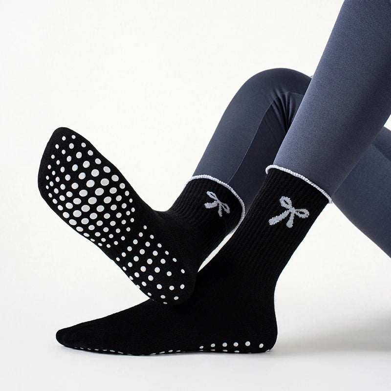 1 pairs of anti-slip grip Pilates socks, pure cotton breathable yoga socks, high elasticity sweat-absorbing mid-calf socks