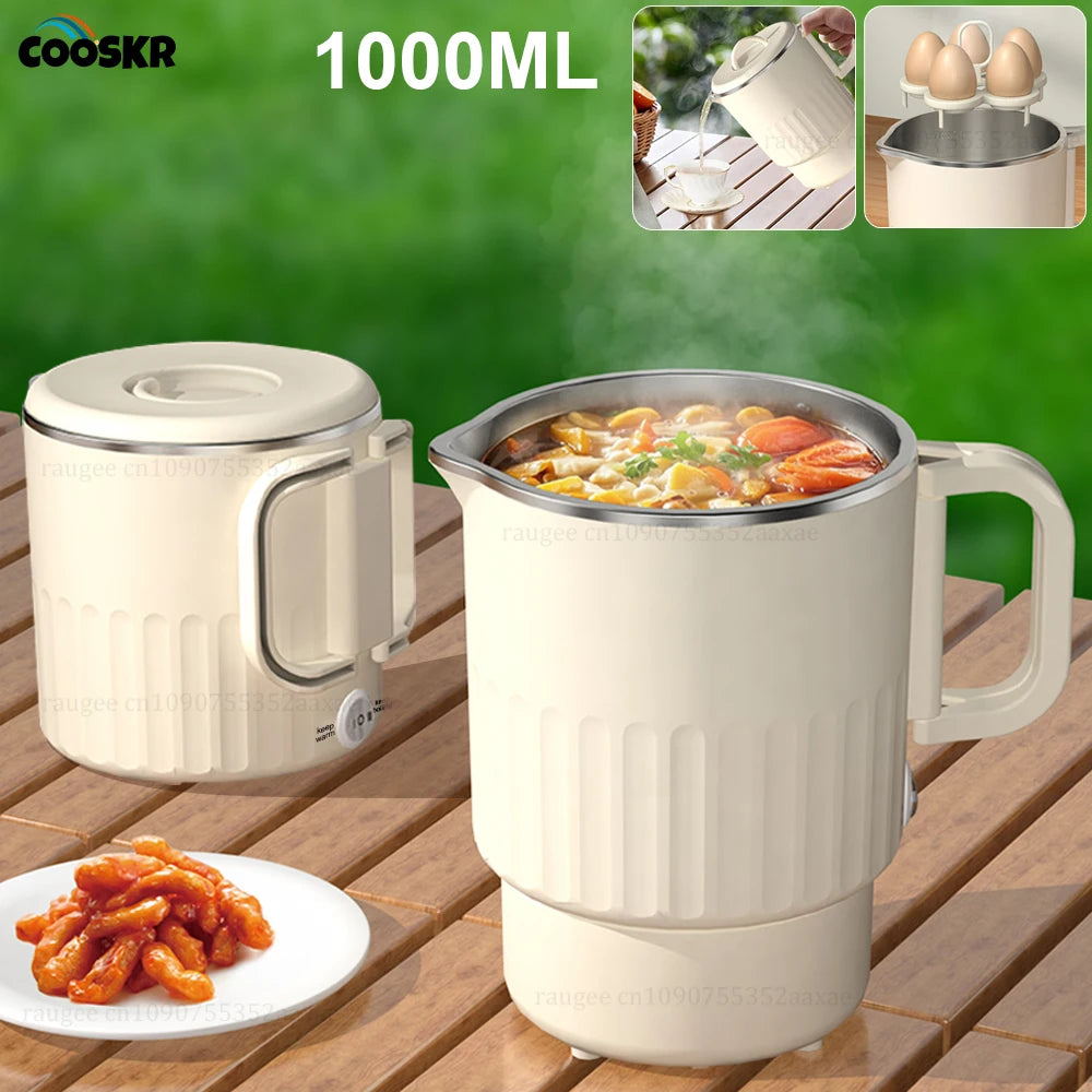 Electric Water Kettle Portable Mini Kettle with Steaming Rack 1000ml Large Capacity Stainless Steel Home Kitchen Office Travel