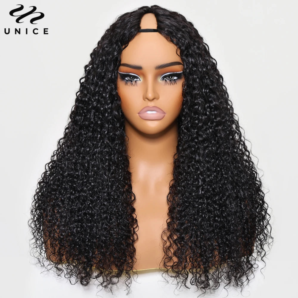 Unice Hair Curly V Part Wig With Elastic Drawstring Fit For All Head Sizes 100% Human Hair Wig No Glue 150% Density 30 Inch