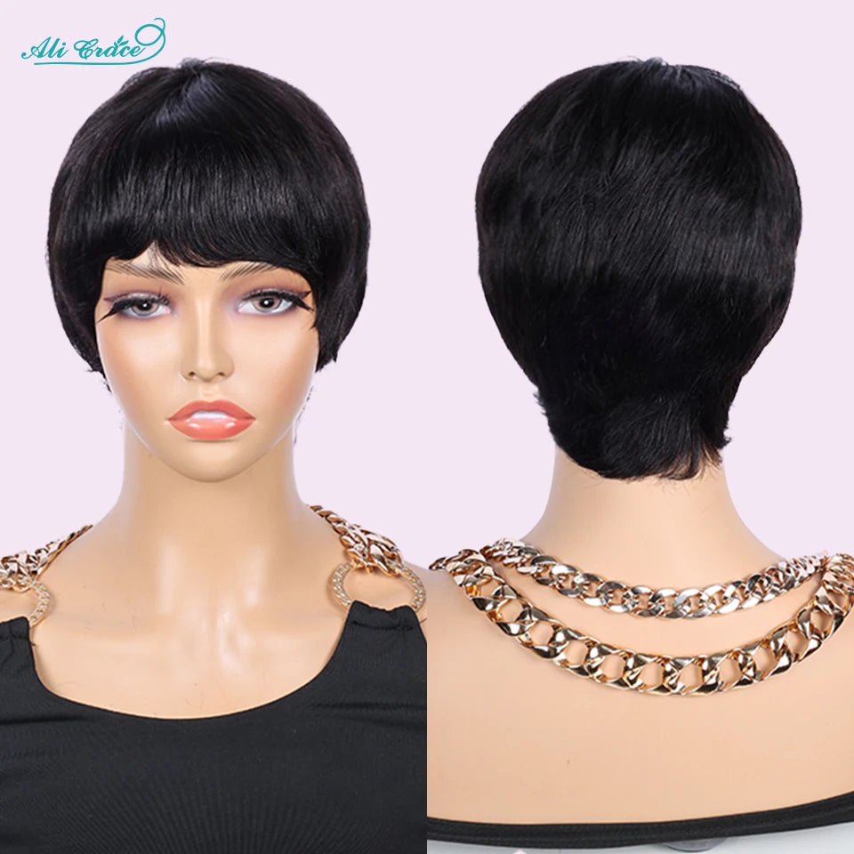 Short Bob Pixie Cut Wigs For Black Women Straight Human Hair Machine Made Wigs With Bangs Brazilian Remy Hair Wig Ready To Go