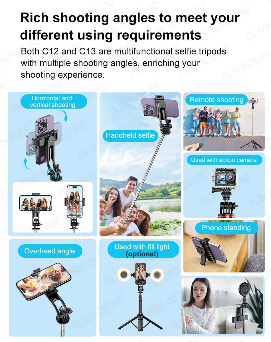 AXNEN Mobile Phone Tripod C12/C13 Tipods for Cellphone Gopro Action Camera, 1325mm Stand with Wireless Bluetooth Remote for Live