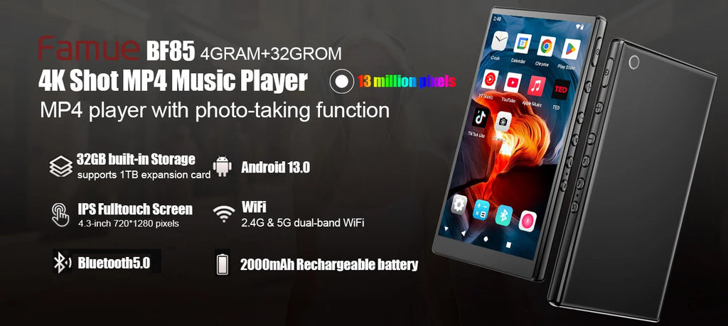 Famue MP3 Player Android 13 with Bluetooth and WiFi，MP3 MP4 Player with Spotify，Audible，Pandora，Standalone / Networked Version