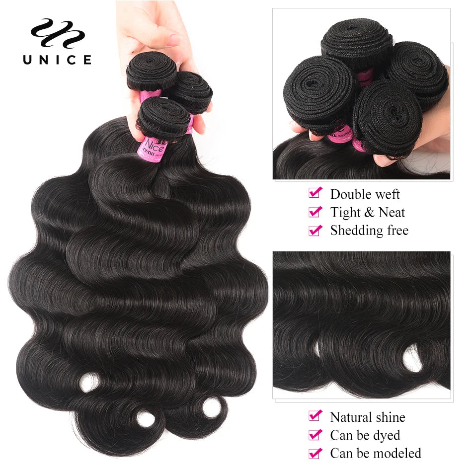 UNICE HAIR 4x4 Lace Closure With Malaysian Body Wave 3/4 Bundles with Lace Closures With Remy Hair Human Hair Bundles
