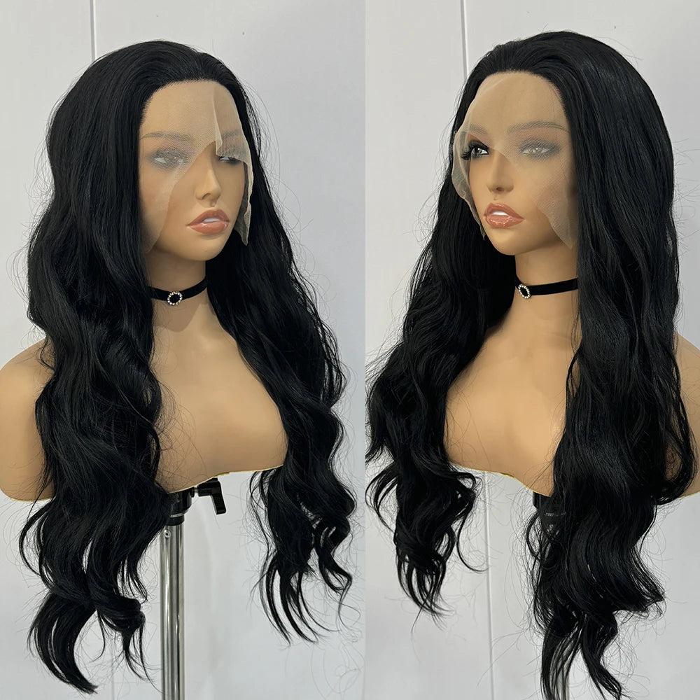 Black Wig Synthetic Lace Front Wigs For Women Long Hair Body Wavy Heat Resistant Fiber Front Lace Glueless Wig Daily Use Cosplay
