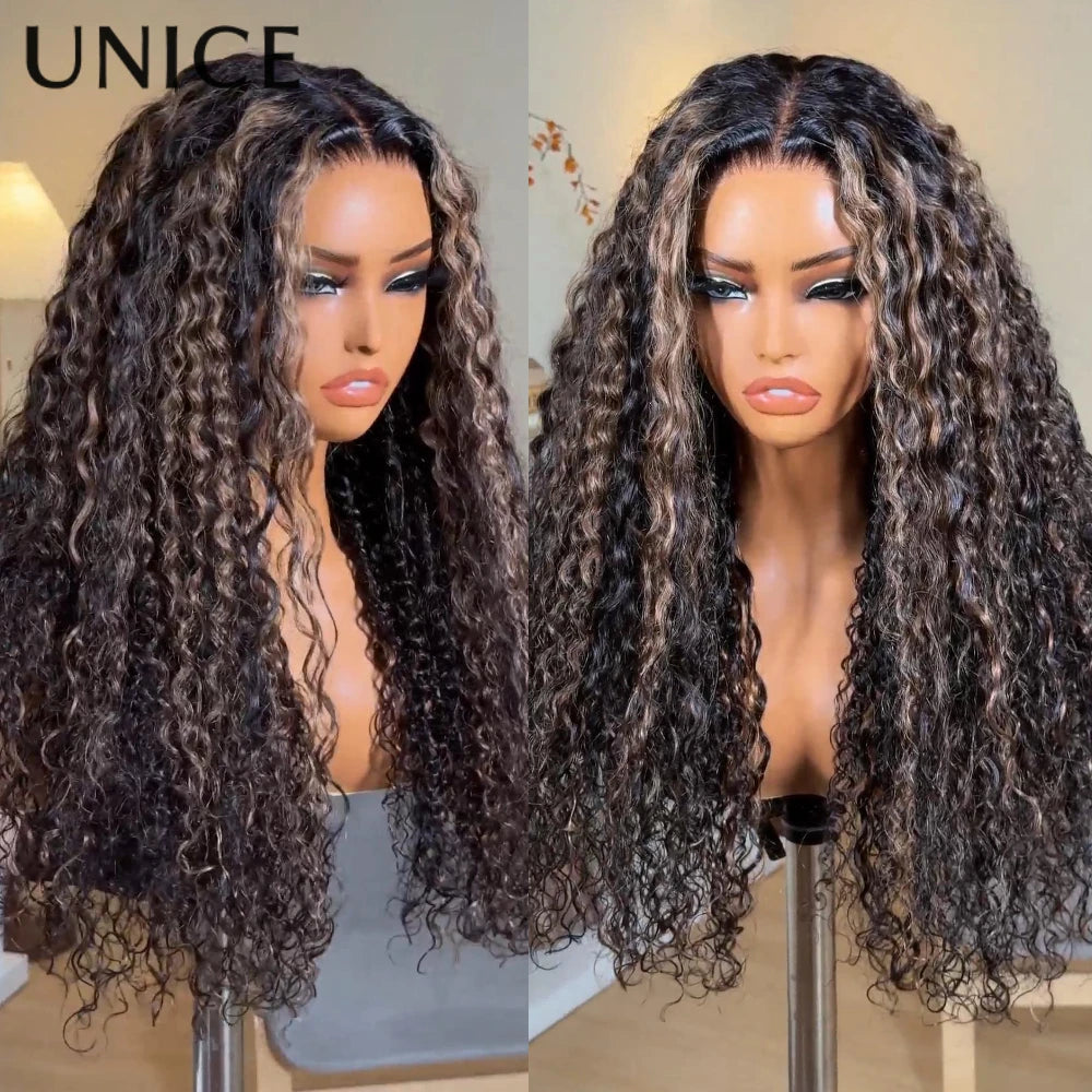 UNICE Hair Golden Brown Highlights Water Curly Wig 13x4 Pre Plucked Pre Cut Pre Bleached Glueless Wig Human Hair 150% Density