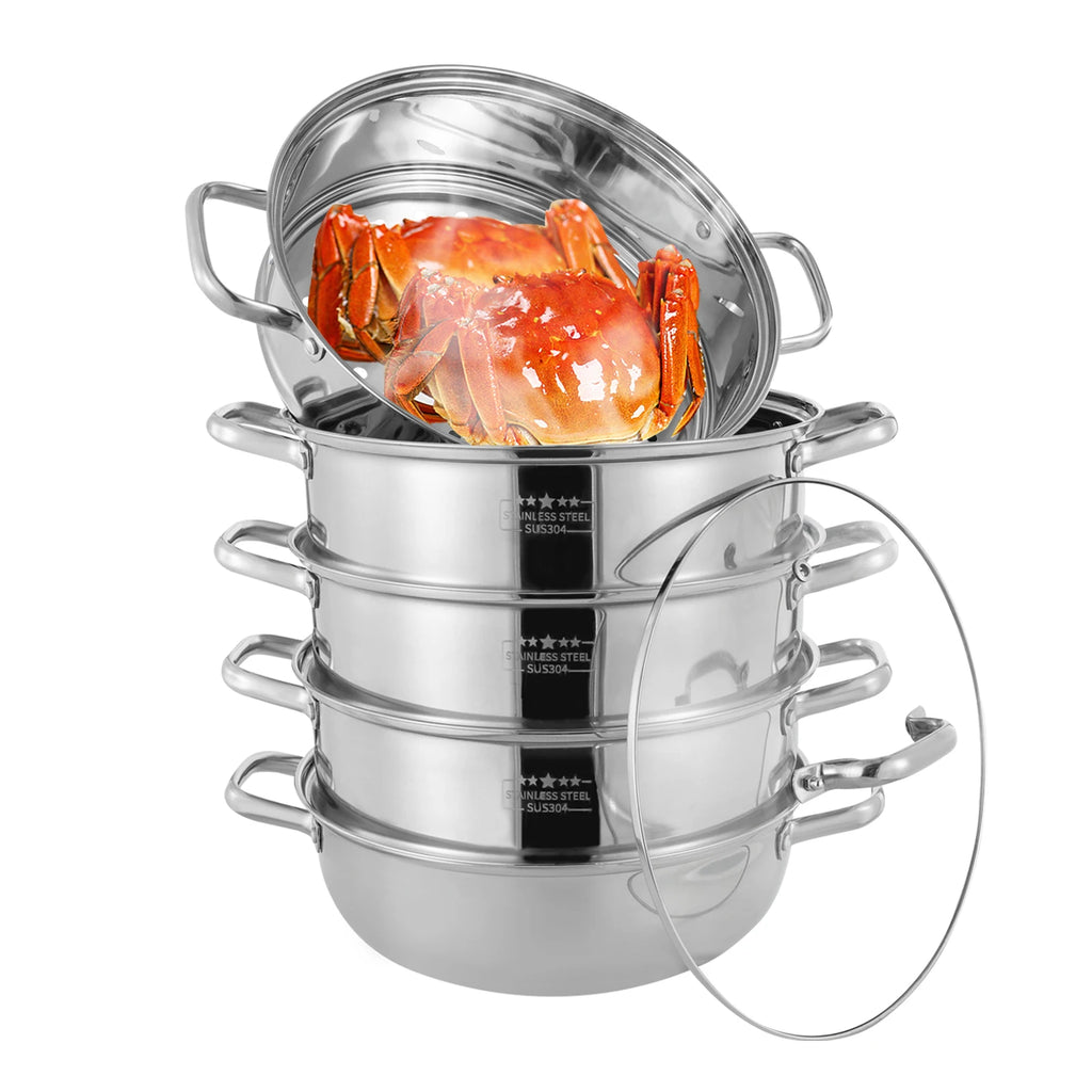 5 Tier  26/28/30/32cm Steame Cooker Steamer Pan Cook Food Veg Pot Stainless Steel Silver w/Glass Lid