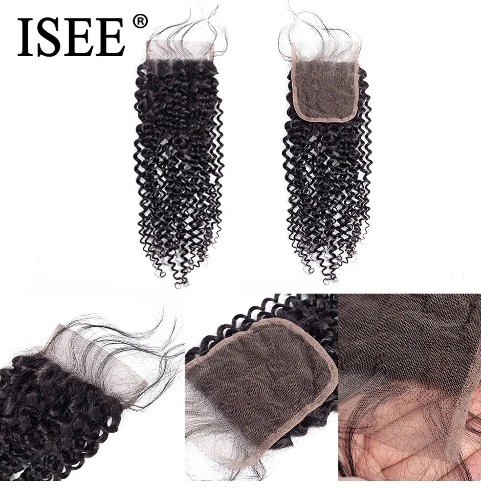 ISEE HAIR Kinky Curly Lace Closure 4*4 Free Part 100% Remy Human Hair Bundles 8-20 inch Lace Closure Nature Color