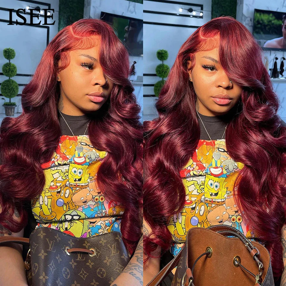 ISEE Hair Wig Brazilian Body Wave Colored Lace Front Wigs Chocolate Brown Human Hair Reddish Brown Closure Wig 99j Burgundy
