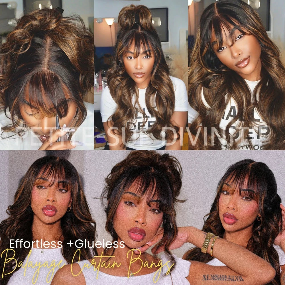 UNICE Hair Balayage Highlights Fluffy Loose Wave Wig With Curtain Bangs 7x5 13x4 Lace Front Human Hair Wigs With Drawstring