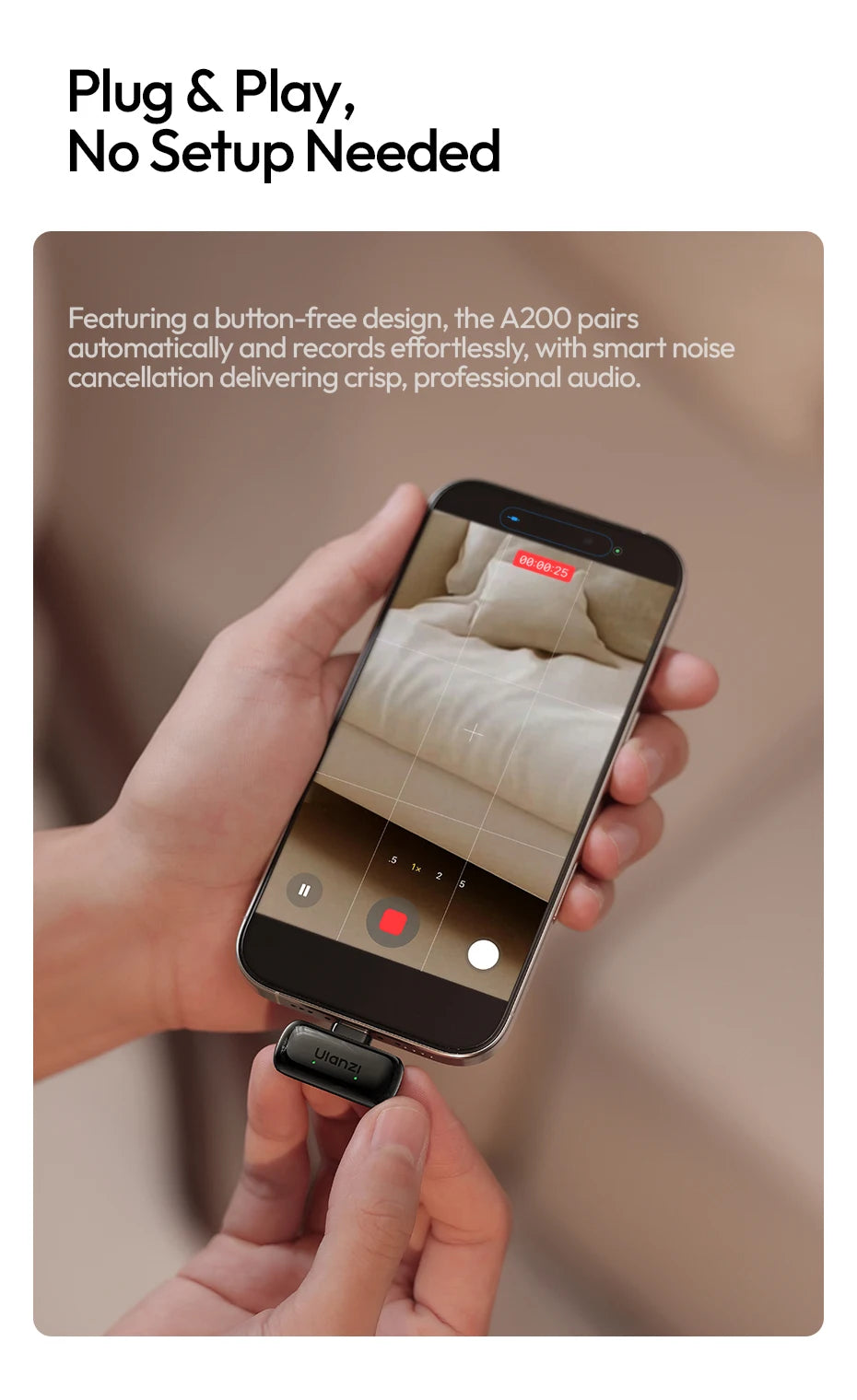 Ulanzi A200 Mini Mic 48kHz/24bit 100m SNR 75dB for Smartphone Camera Livestreaming Street Interview Vlogging Wedding Videography