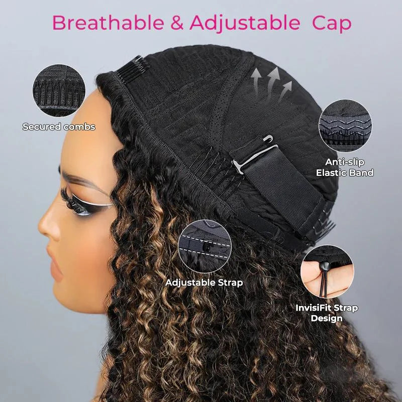 ISEE Hair 3 IN 1 Half Wigs Human Hair Water Wave Highlight 1B/ 30 Glueless Wigs With Drawstring Seamless Clip Ins Flip Over